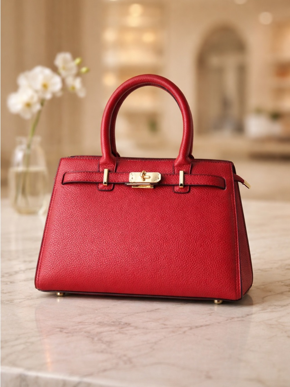 Red Faux Leather Top-Handle Satchel with Gold Hardware